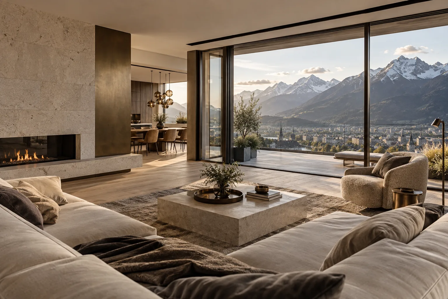 Penthouse interior overlooking Innsbruck and the Alps
